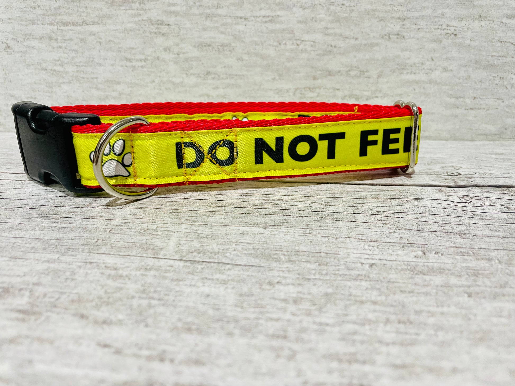 Do Not Feed Dog Collar Yellow on Red Medical Alert - View 2 | Dottie's Pet Boutique