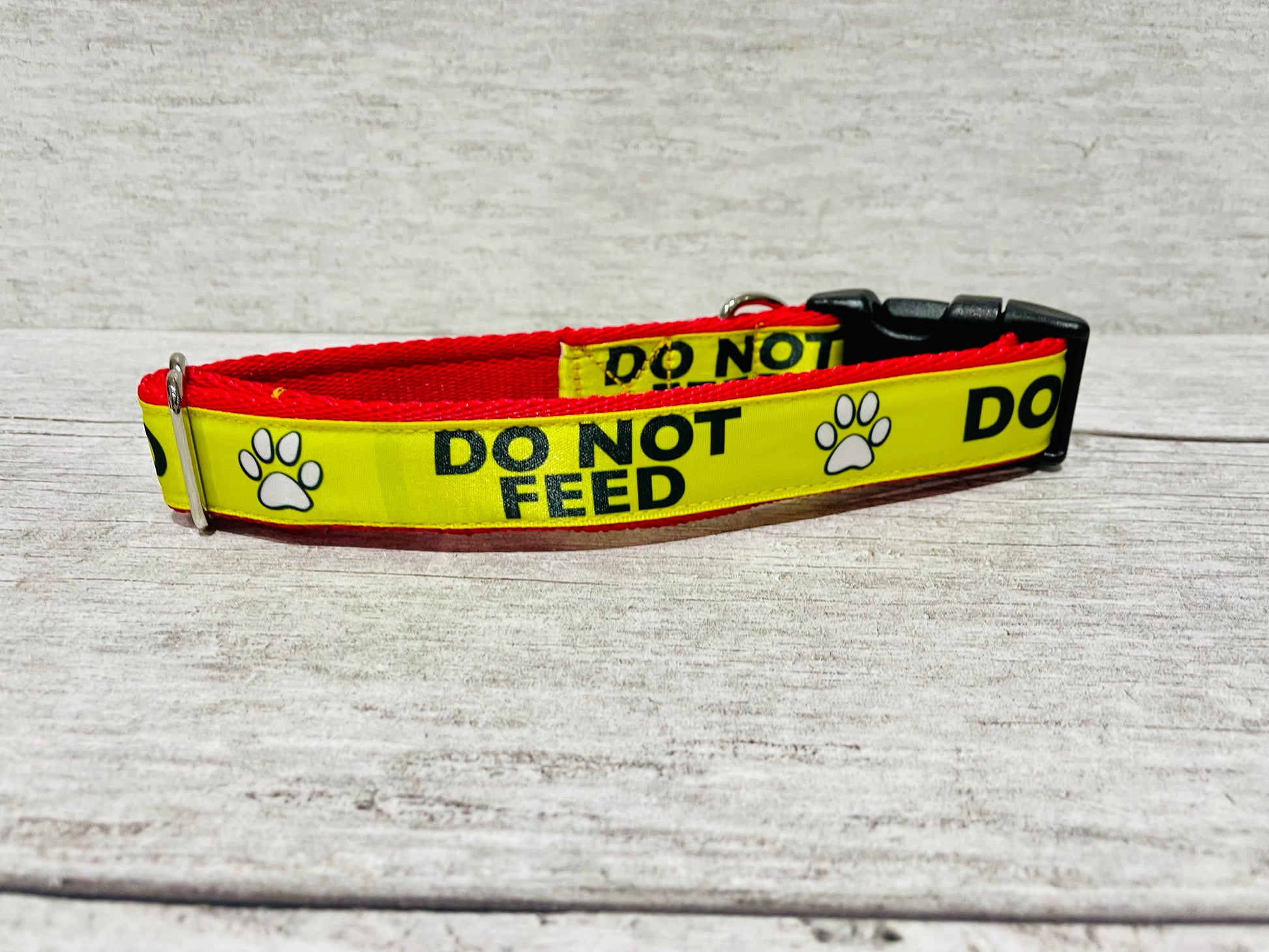 Do Not Feed Dog Collar Yellow on Red Medical Alert - View 3 | Dottie's Pet Boutique