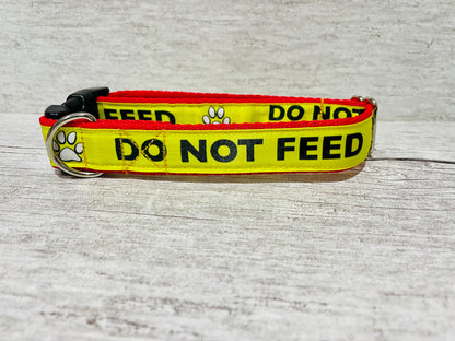Do Not Feed Dog Collar - Yellow on Red Medical Alert - Handmade in the UK | Dottie's Pet Boutique
