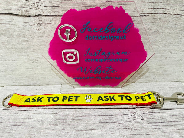 SALE - Ask To Pet Extension Lead - Double Sided - Yellow on Red - 14.5" Length