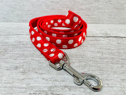 Red with White Spots Dots Ribbon Lead - Handmade in the UK | Dottie's Pet Boutique