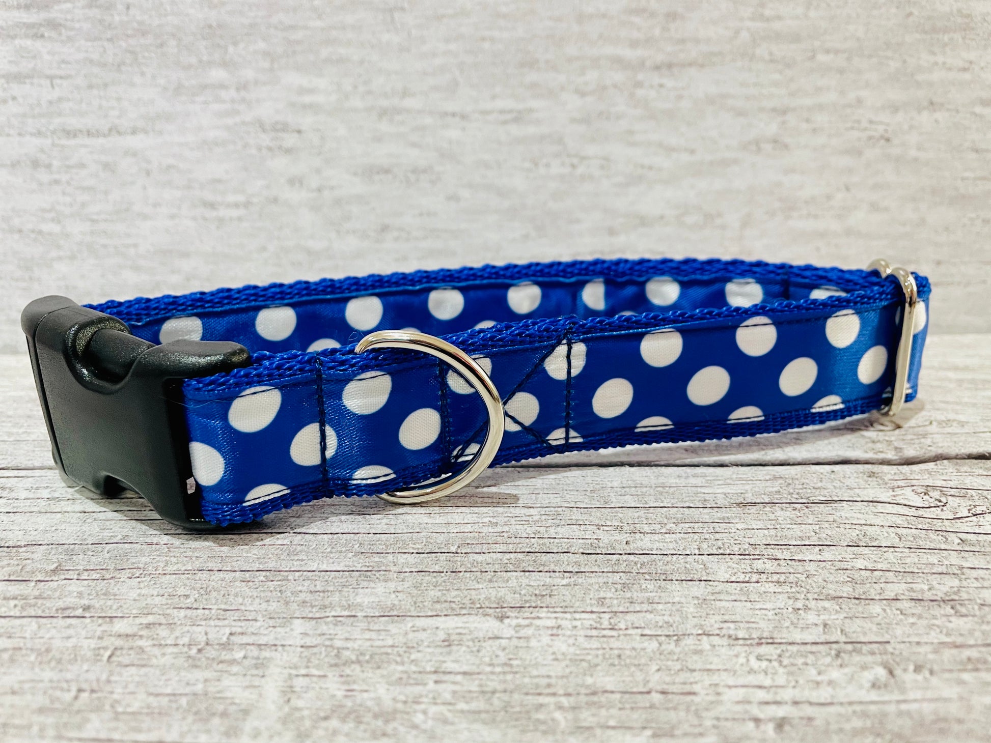 Royal Blue and White Spots Dots Dog Collar - Handmade in the UK | Dottie's Pet Boutique