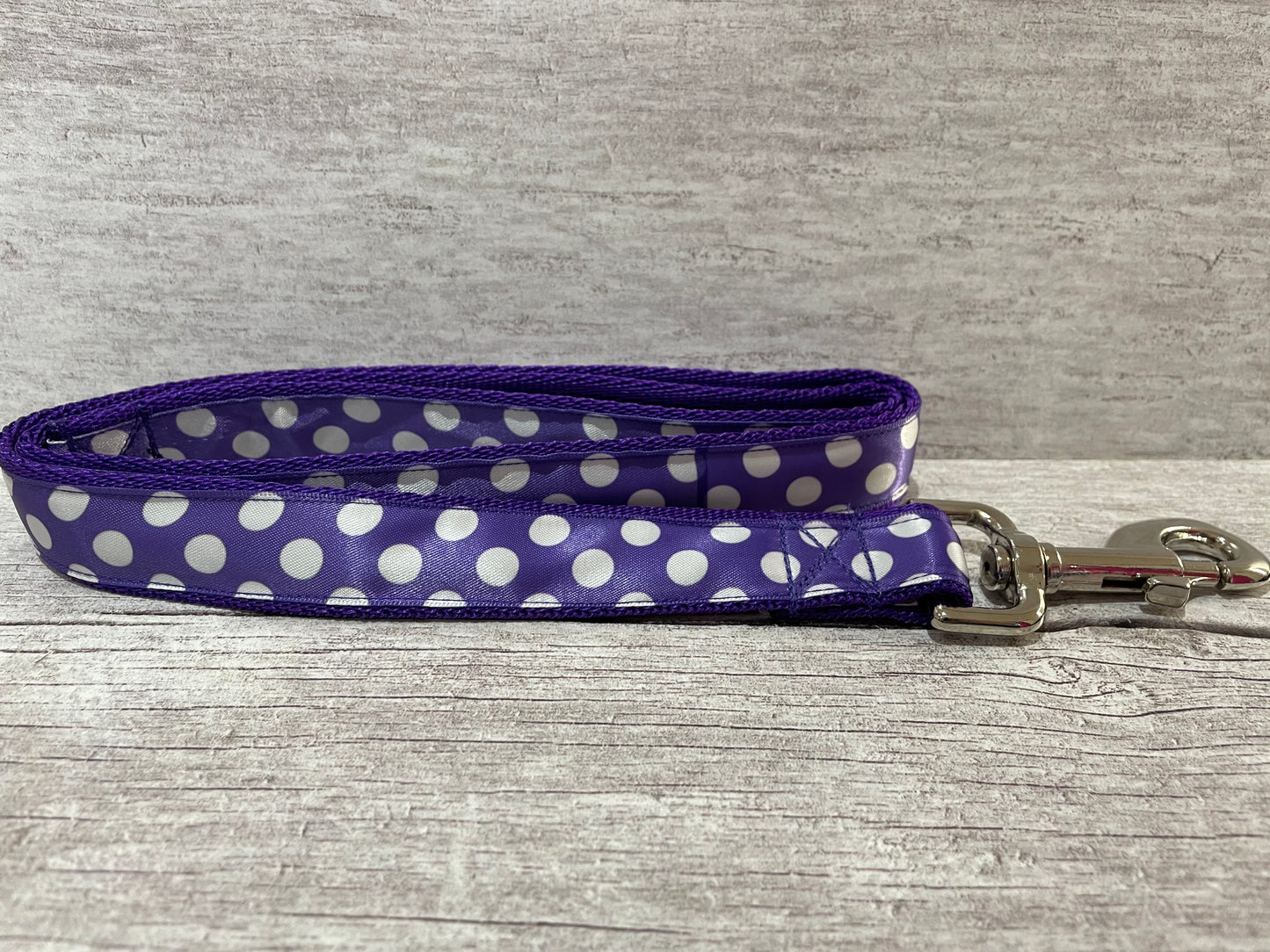 Purple with White Spots Dots Ribbon Lead - Handmade in the UK | Dottie's Pet Boutique