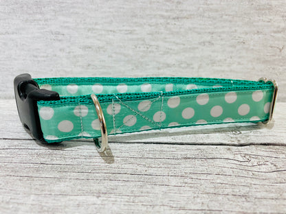 Green and White Spots Dots Dog Collar - Handmade in the UK | Dottie's Pet Boutique