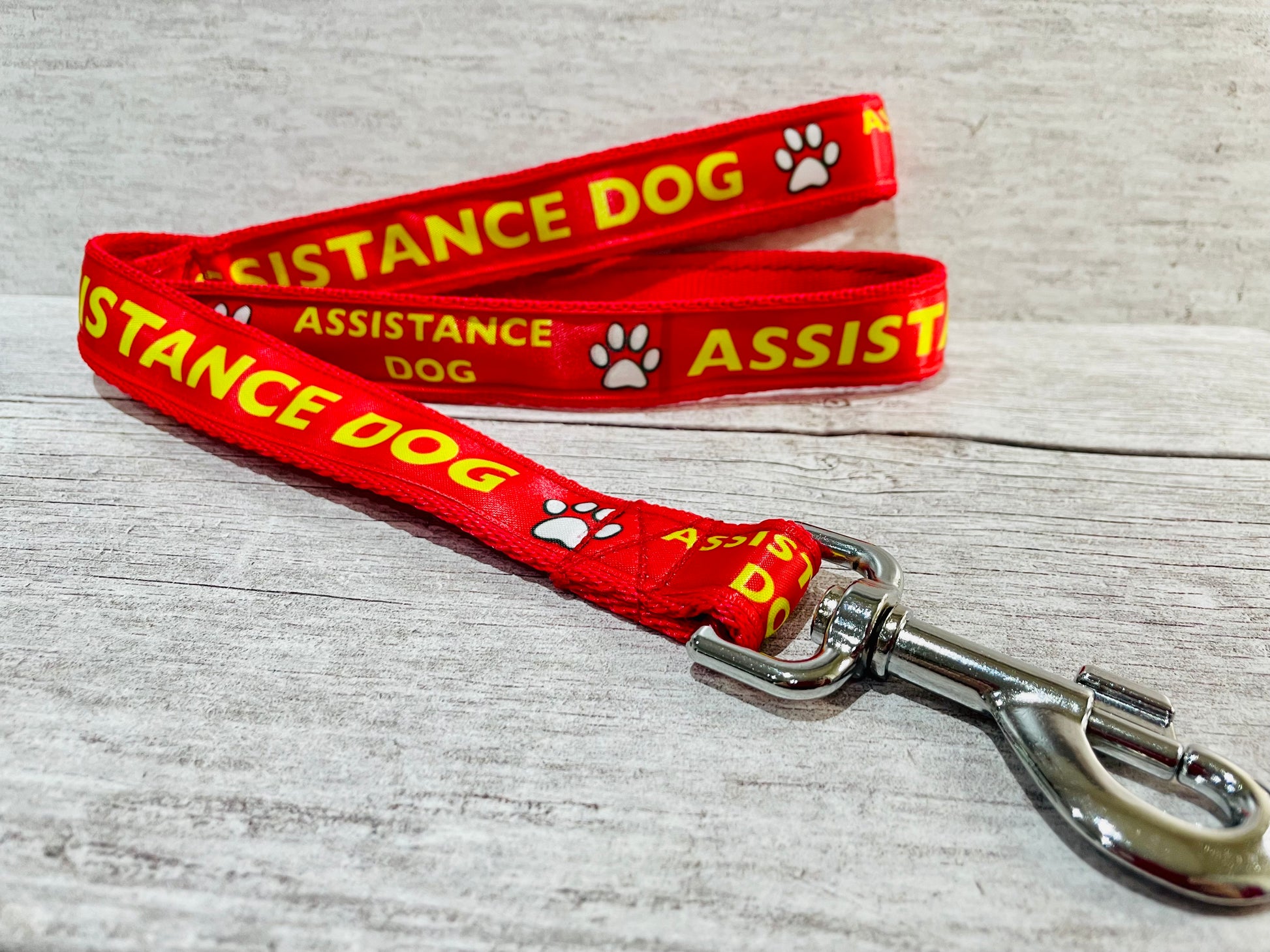 Red with Yellow Text Assistance Alert Dog Collar - View 4 | Dottie's Pet Boutique