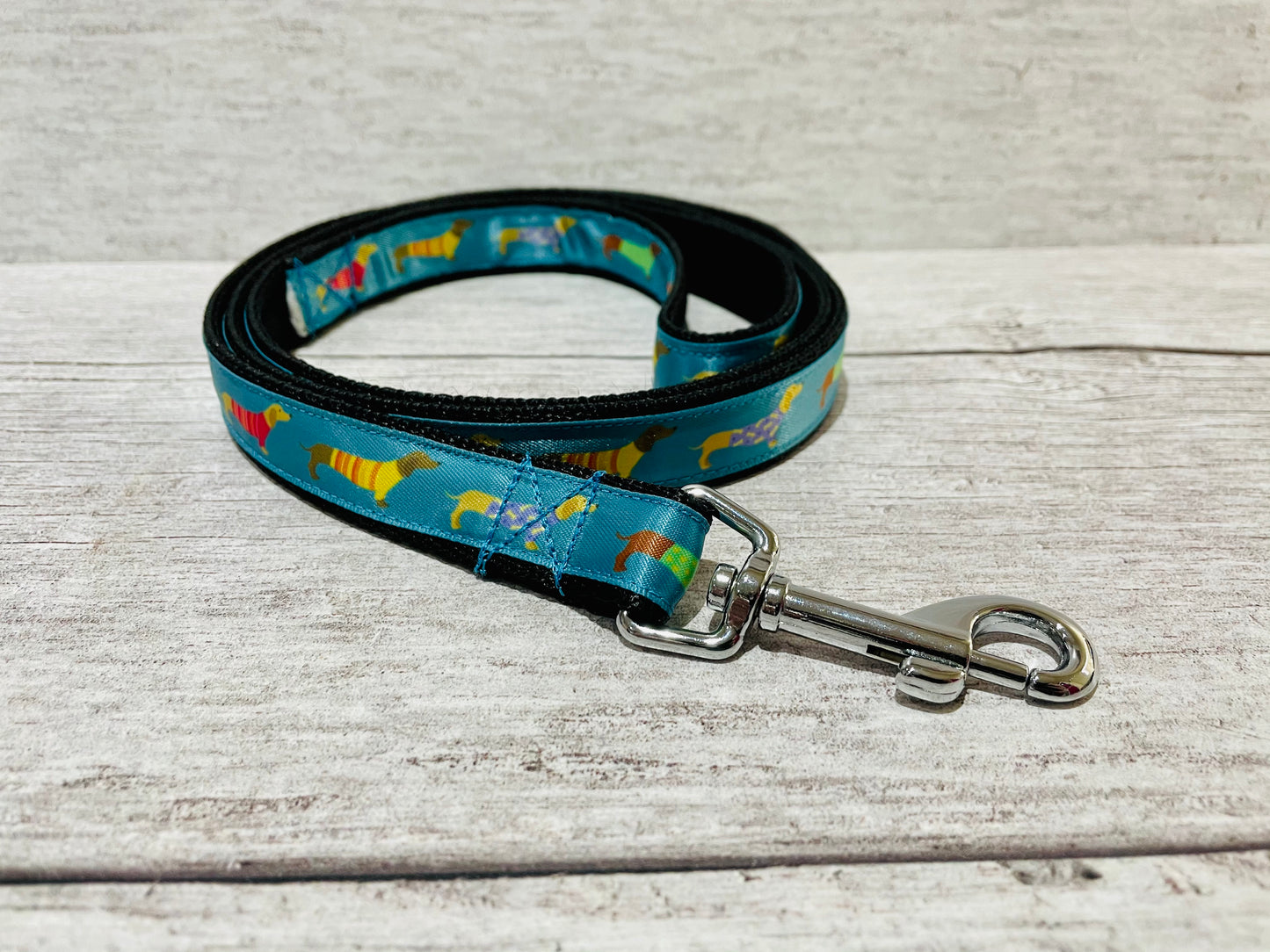Teal Dachshund Jumper Ribbon Lead - Handmade in the UK | Dottie's Pet Boutique