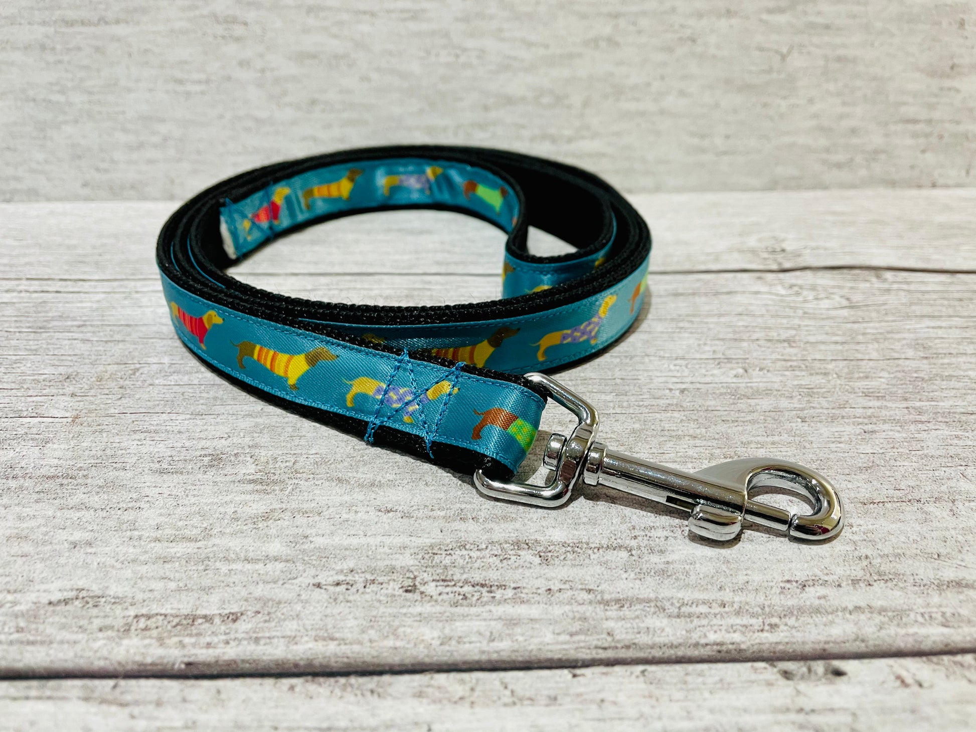 Teal Dachshund Jumper Ribbon Lead - Handmade in the UK | Dottie's Pet Boutique