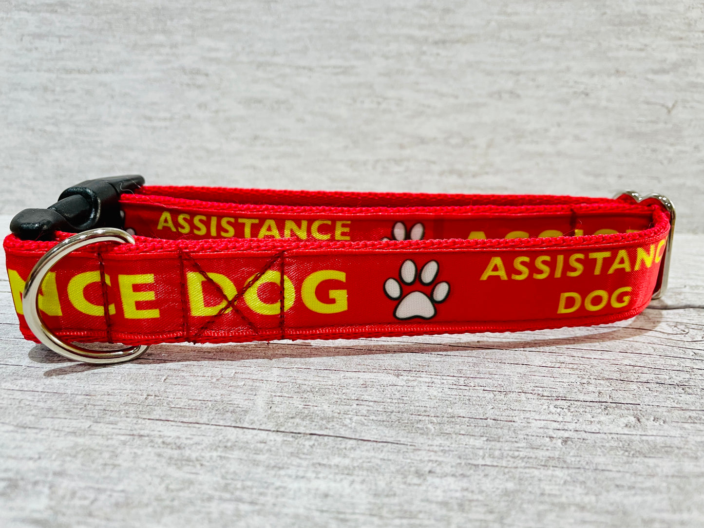 Red with Yellow Text Assistance Alert Dog Collar - View 2 | Dottie's Pet Boutique
