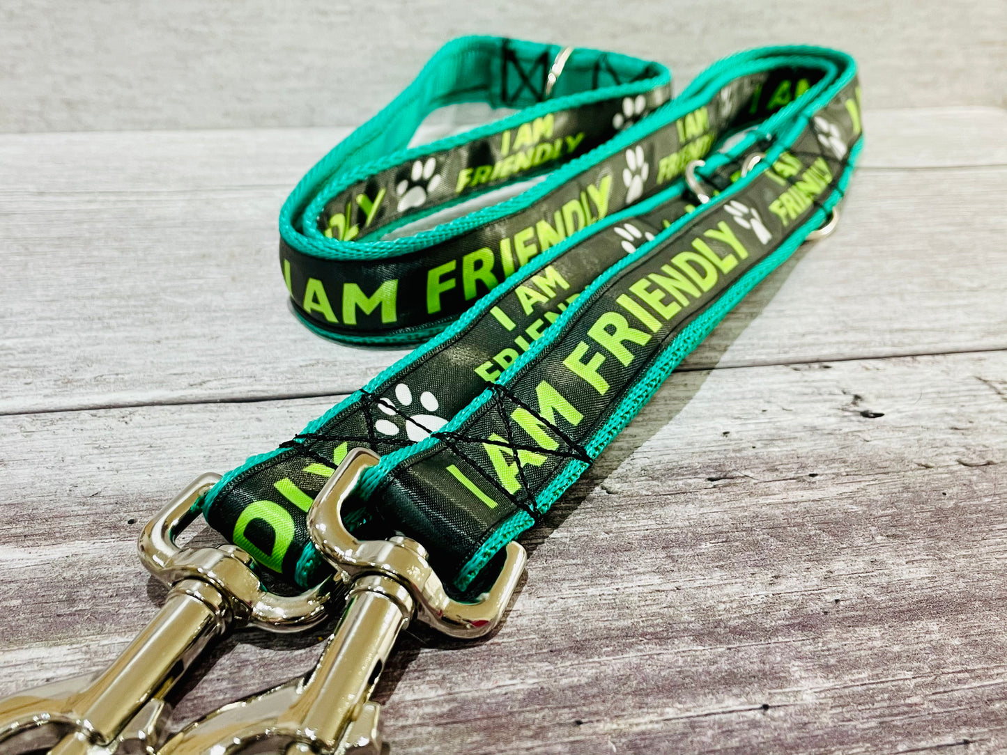 I am Friendly Dog Collar - Black on Green Alert - View 7 | Dottie's Pet Boutique