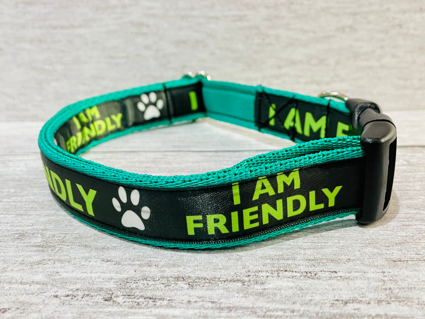 I am Friendly Dog Collar - Black on Green Alert - View 4 | Dottie's Pet Boutique
