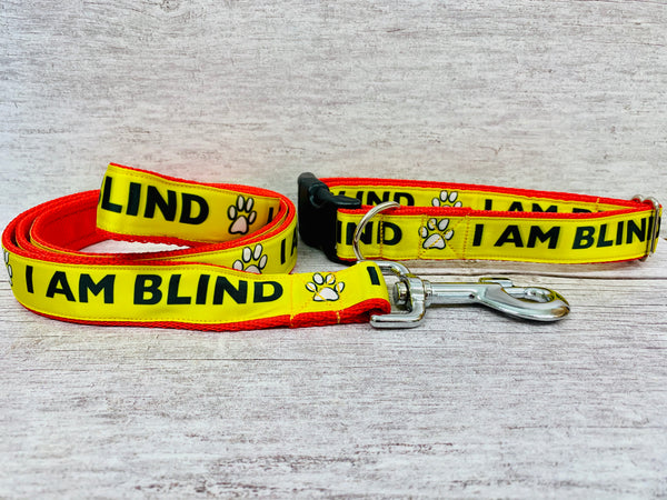 I am Blind Dog Dog Collar - Yellow on Red
