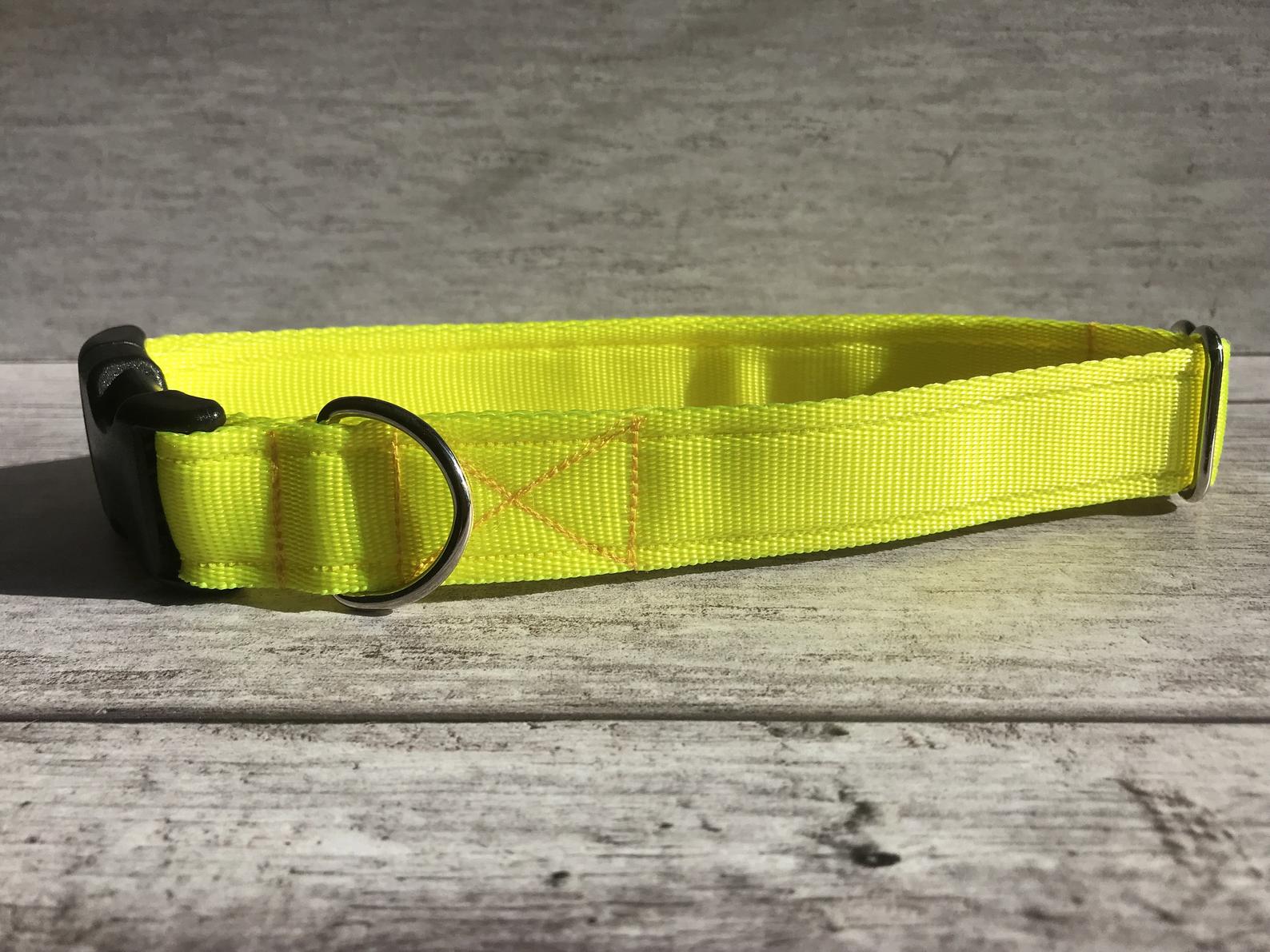Plain Bright Yellow Hi-Viz Cushioned Webbing Dog Collar - View 4 | Dottie's Pet Boutique