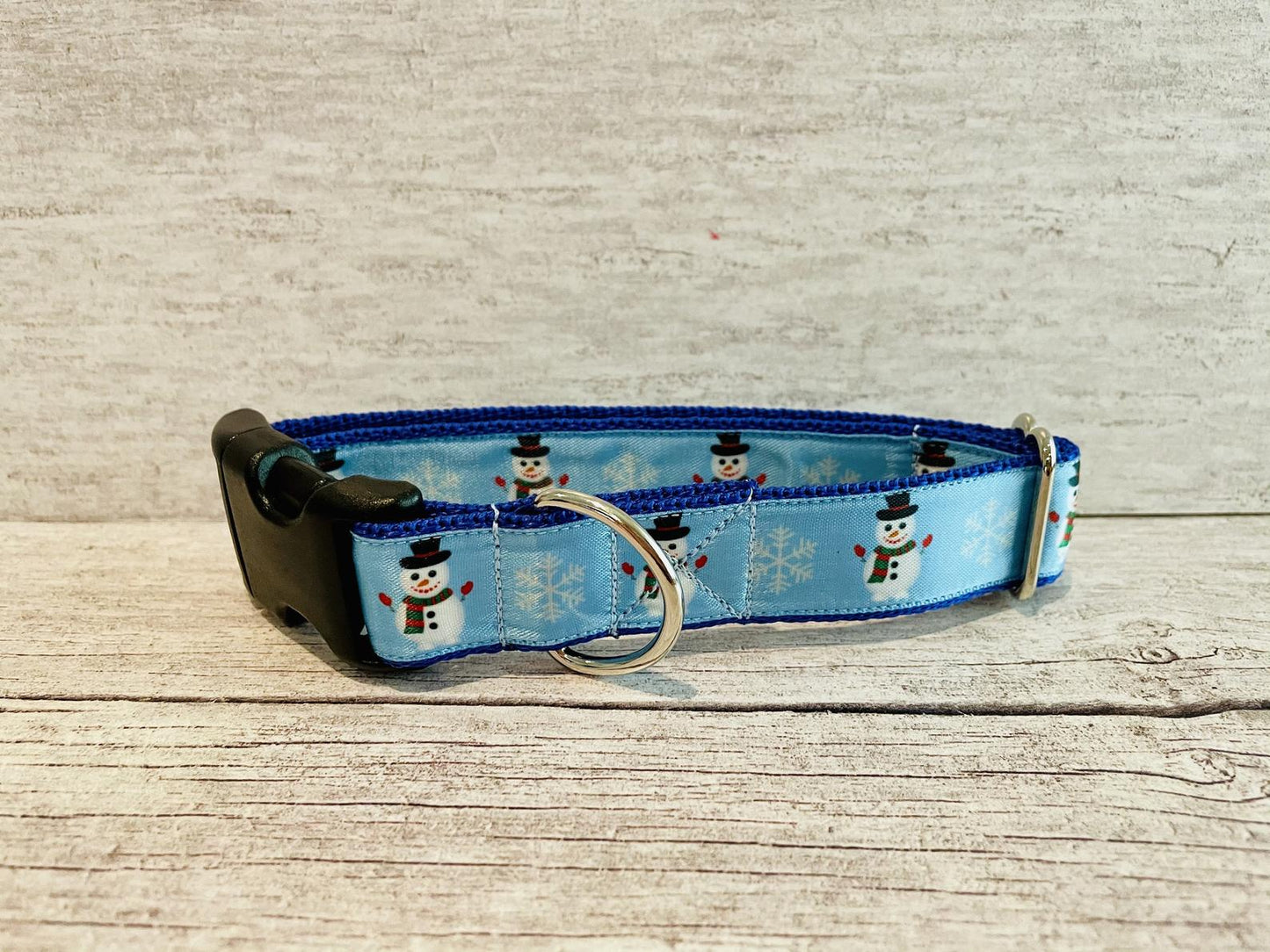 Blue Snowman Snowflake Themed Dog Collar - Handmade in the UK | Dottie's Pet Boutique