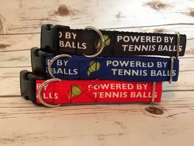 Powered by Tennis Balls Dog Ribbon Dog Collar - Custom Dog Collars