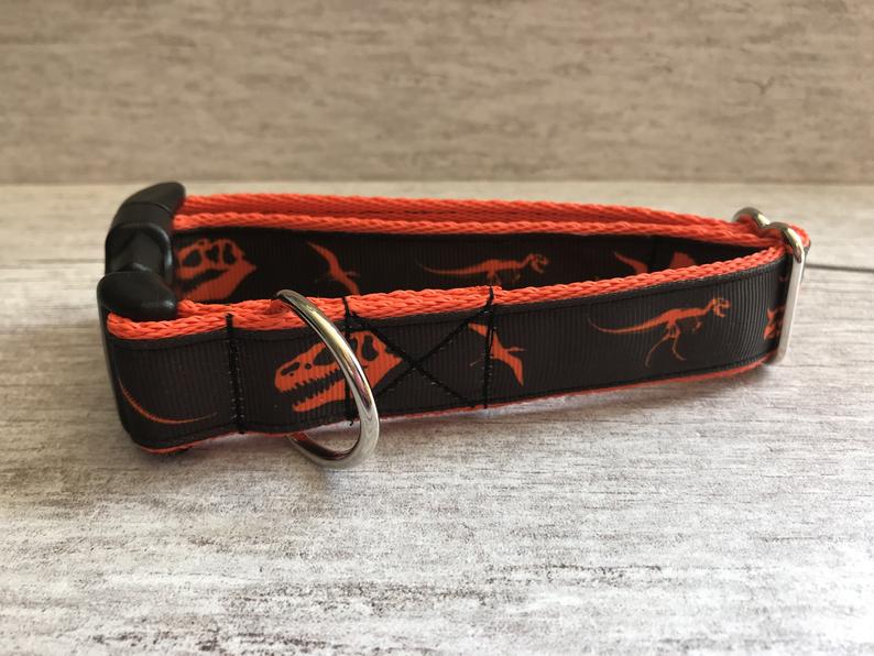 Orange Jurassic Dinosaur Skeleton Bones Dog Collar - Handmade in the UK | Dottie's Pet Boutique