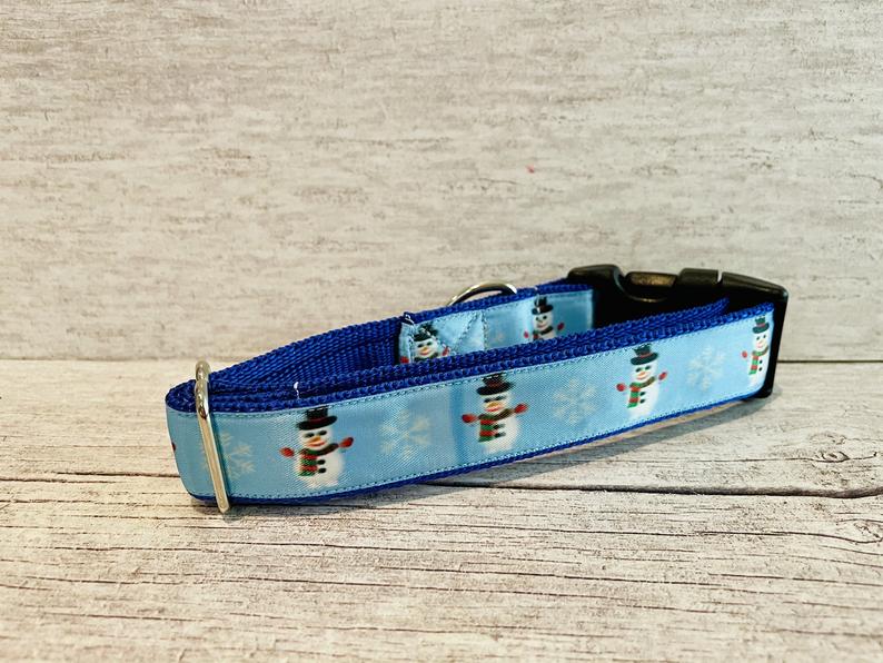 Blue Snowman Snowflake Themed Dog Collar - View 3 | Dottie's Pet Boutique